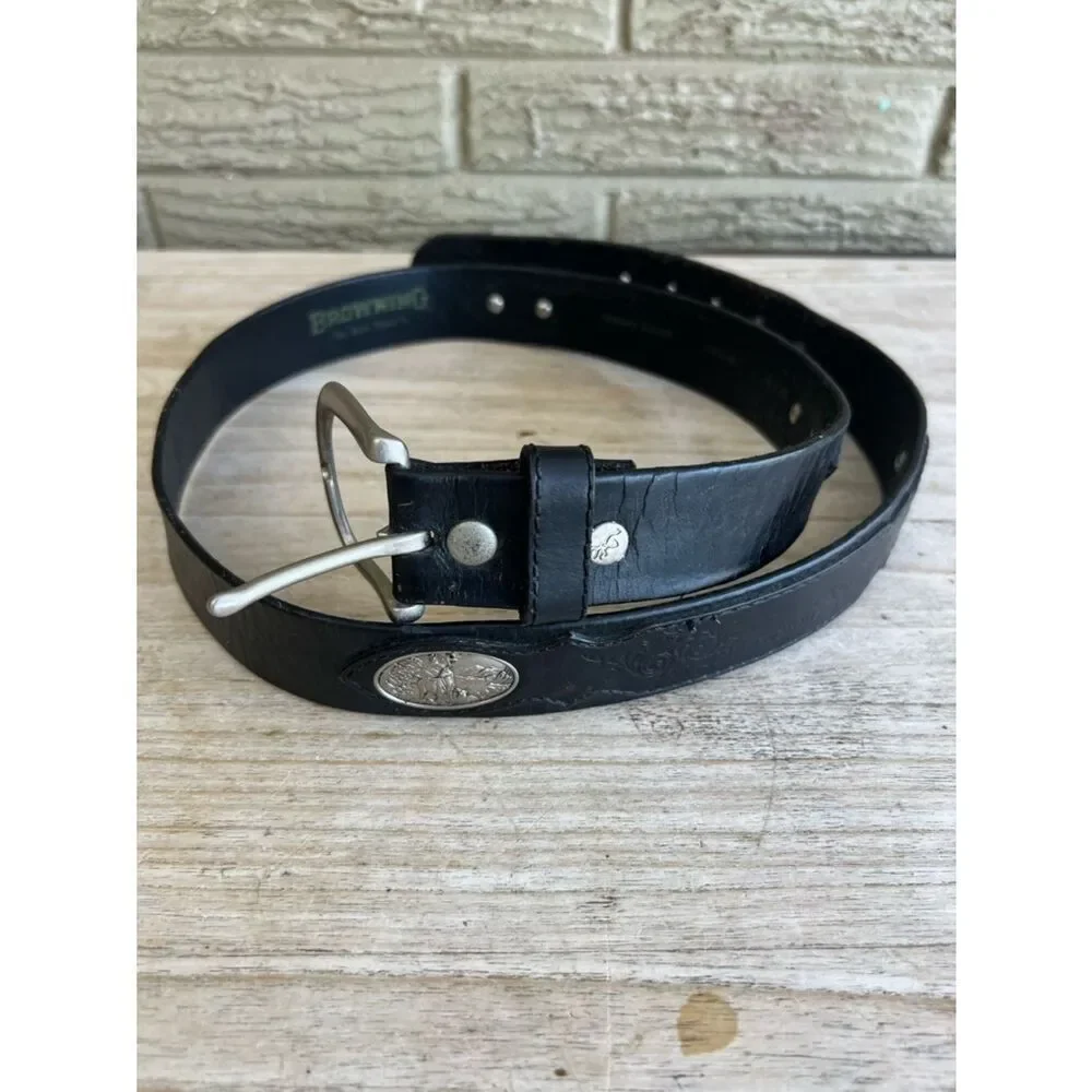 Browning  Black Leather Men's Belt with Silver Buckle size 42 waist
